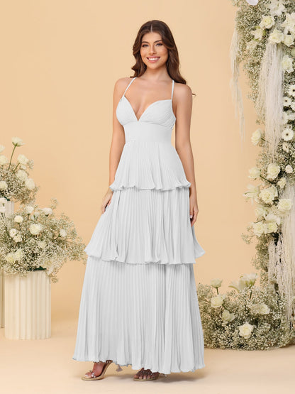 Robes de Demoiselle d'Honneur en Ligne A/Princesse à Bretelles Spaghetti sans Manches Longueur Sol avec Plis en Étages