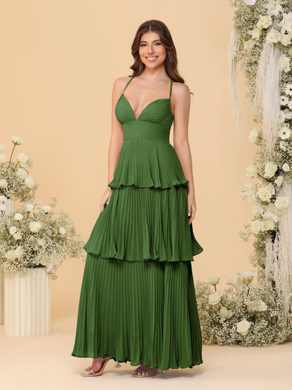 Robes de Demoiselle d'Honneur en Ligne A/Princesse à Bretelles Spaghetti sans Manches Longueur Sol avec Plis en Étages