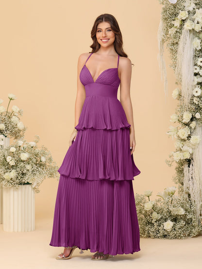 Robes de Demoiselle d'Honneur en Ligne A/Princesse à Bretelles Spaghetti sans Manches Longueur Sol avec Plis en Étages