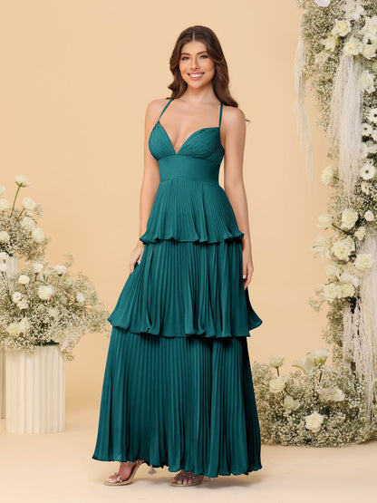 Robes de Demoiselle d'Honneur en Ligne A/Princesse à Bretelles Spaghetti sans Manches Longueur Sol avec Plis en Étages