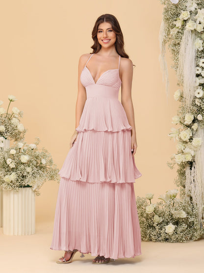 Robes de Demoiselle d'Honneur en Ligne A/Princesse à Bretelles Spaghetti sans Manches Longueur Sol avec Plis en Étages
