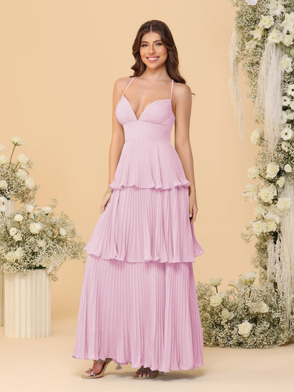 Robes de Demoiselle d'Honneur en Ligne A/Princesse à Bretelles Spaghetti sans Manches Longueur Sol avec Plis en Étages