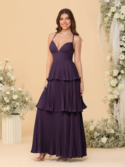 Robes de Demoiselle d'Honneur en Ligne A/Princesse à Bretelles Spaghetti sans Manches Longueur Sol avec Plis en Étages
