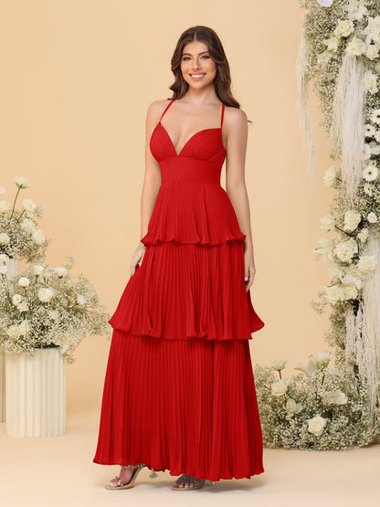 Robes de Demoiselle d'Honneur en Ligne A/Princesse à Bretelles Spaghetti sans Manches Longueur Sol avec Plis en Étages