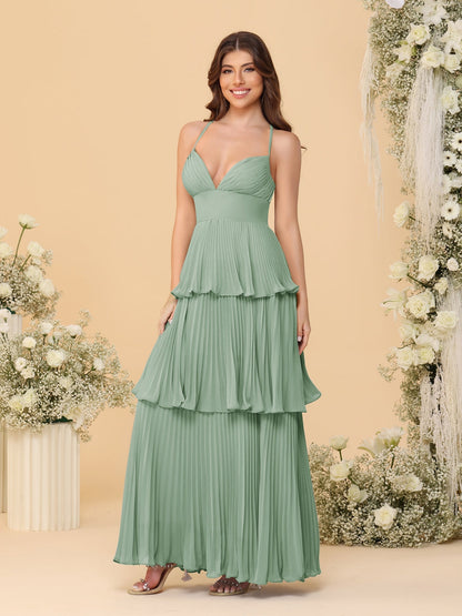 Robes de Demoiselle d'Honneur en Ligne A/Princesse à Bretelles Spaghetti sans Manches Longueur Sol avec Plis en Étages