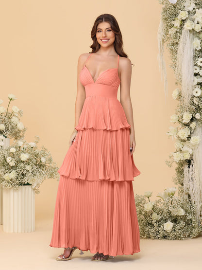 Robes de Demoiselle d'Honneur en Ligne A/Princesse à Bretelles Spaghetti sans Manches Longueur Sol avec Plis en Étages
