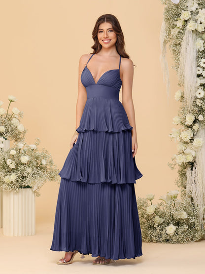 Robes de Demoiselle d'Honneur en Ligne A/Princesse à Bretelles Spaghetti sans Manches Longueur Sol avec Plis en Étages