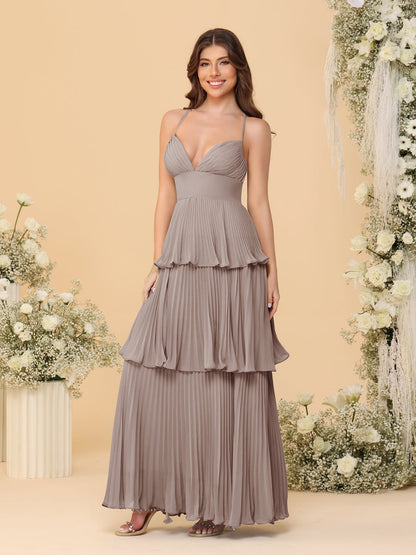 Robes de Demoiselle d'Honneur en Ligne A/Princesse à Bretelles Spaghetti sans Manches Longueur Sol avec Plis en Étages