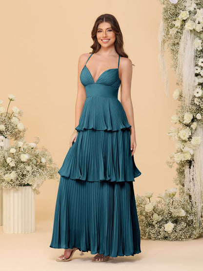 Robes de Demoiselle d'Honneur en Ligne A/Princesse à Bretelles Spaghetti sans Manches Longueur Sol avec Plis en Étages