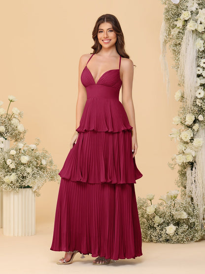 Robes de Demoiselle d'Honneur en Ligne A/Princesse à Bretelles Spaghetti sans Manches Longueur Sol avec Plis en Étages