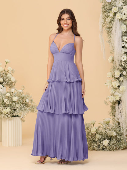 Robes de Demoiselle d'Honneur en Ligne A/Princesse à Bretelles Spaghetti sans Manches Longueur Sol avec Plis en Étages