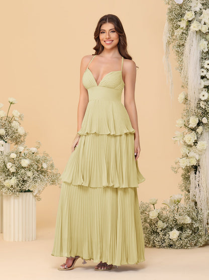 Robes de Demoiselle d'Honneur en Ligne A/Princesse à Bretelles Spaghetti sans Manches Longueur Sol avec Plis en Étages
