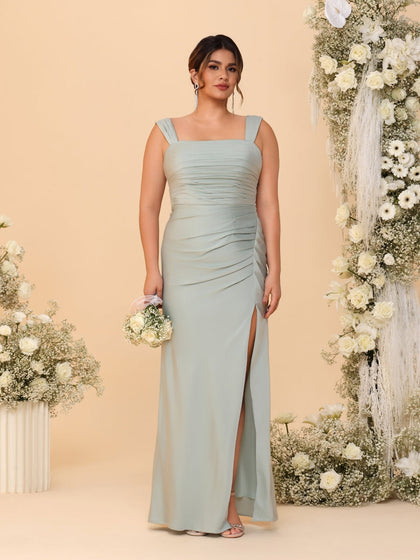 Robes de Demoiselle d'Honneur Grande Taille Col Carré sans Manches Longueur Sol Plissé avec Fente Latérale de Style Fourreau/Colonne