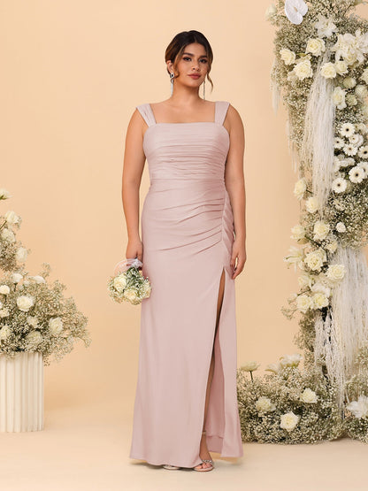 Robes de Demoiselle d'Honneur Grande Taille Col Carré sans Manches Longueur Sol Plissé avec Fente Latérale de Style Fourreau/Colonne