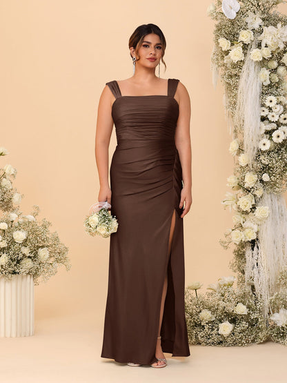 Robes de Demoiselle d'Honneur Grande Taille Col Carré sans Manches Longueur Sol Plissé avec Fente Latérale de Style Fourreau/Colonne