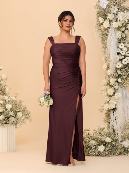 Robes de Demoiselle d'Honneur Grande Taille Col Carré sans Manches Longueur Sol Plissé avec Fente Latérale de Style Fourreau/Colonne