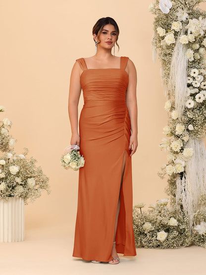 Robes de Demoiselle d'Honneur Grande Taille Col Carré sans Manches Longueur Sol Plissé avec Fente Latérale de Style Fourreau/Colonne