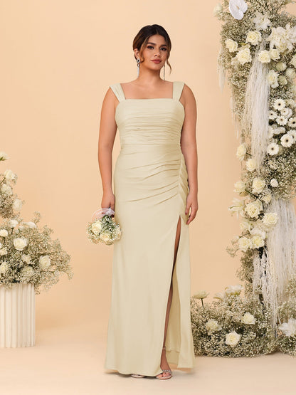 Robes de Demoiselle d'Honneur Grande Taille Col Carré sans Manches Longueur Sol Plissé avec Fente Latérale de Style Fourreau/Colonne