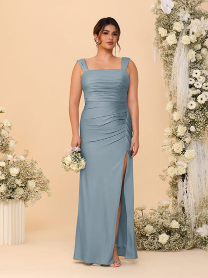Robes de Demoiselle d'Honneur Grande Taille Col Carré sans Manches Longueur Sol Plissé avec Fente Latérale de Style Fourreau/Colonne