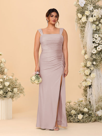 Robes de Demoiselle d'Honneur Grande Taille Col Carré sans Manches Longueur Sol Plissé avec Fente Latérale de Style Fourreau/Colonne