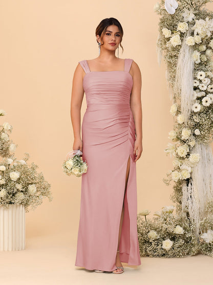 Robes de Demoiselle d'Honneur Grande Taille Col Carré sans Manches Longueur Sol Plissé avec Fente Latérale de Style Fourreau/Colonne