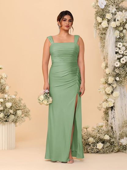 Robes de Demoiselle d'Honneur Grande Taille Col Carré sans Manches Longueur Sol Plissé avec Fente Latérale de Style Fourreau/Colonne