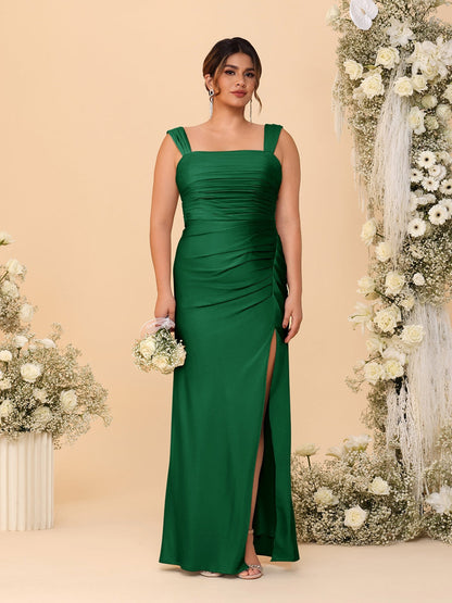 Robes de Demoiselle d'Honneur Grande Taille Col Carré sans Manches Longueur Sol Plissé avec Fente Latérale de Style Fourreau/Colonne