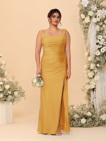 Robes de Demoiselle d'Honneur Grande Taille Col Carré sans Manches Longueur Sol Plissé avec Fente Latérale de Style Fourreau/Colonne