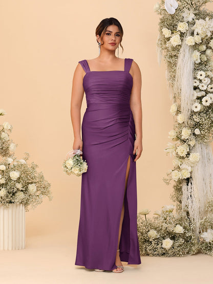 Robes de Demoiselle d'Honneur Grande Taille Col Carré sans Manches Longueur Sol Plissé avec Fente Latérale de Style Fourreau/Colonne