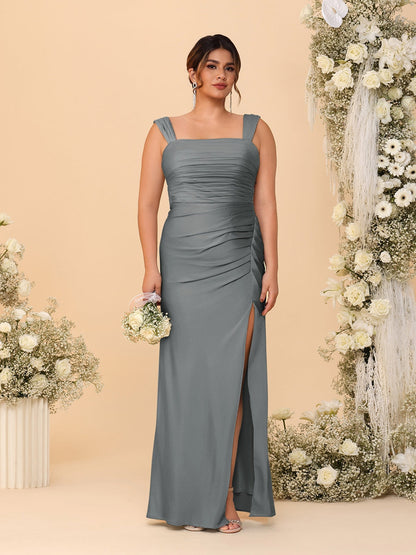 Robes de Demoiselle d'Honneur Grande Taille Col Carré sans Manches Longueur Sol Plissé avec Fente Latérale de Style Fourreau/Colonne