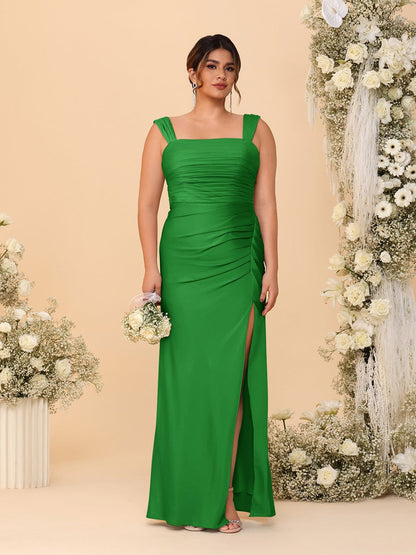 Robes de Demoiselle d'Honneur Grande Taille Col Carré sans Manches Longueur Sol Plissé avec Fente Latérale de Style Fourreau/Colonne