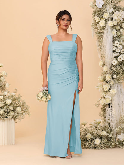 Robes de Demoiselle d'Honneur Grande Taille Col Carré sans Manches Longueur Sol Plissé avec Fente Latérale de Style Fourreau/Colonne