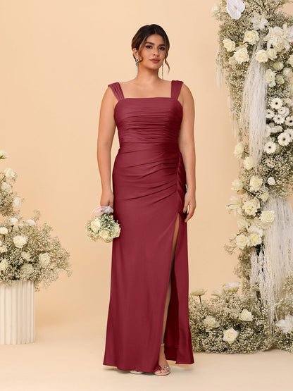 Robes de Demoiselle d'Honneur Grande Taille Col Carré sans Manches Longueur Sol Plissé avec Fente Latérale de Style Fourreau/Colonne