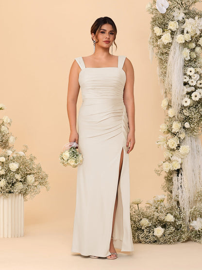 Robes de Demoiselle d'Honneur Grande Taille Col Carré sans Manches Longueur Sol Plissé avec Fente Latérale de Style Fourreau/Colonne
