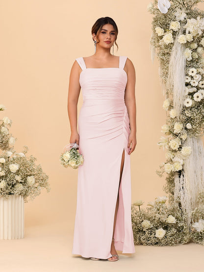 Robes de Demoiselle d'Honneur Grande Taille Col Carré sans Manches Longueur Sol Plissé avec Fente Latérale de Style Fourreau/Colonne