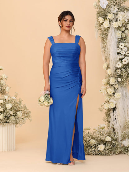 Robes de Demoiselle d'Honneur Grande Taille Col Carré sans Manches Longueur Sol Plissé avec Fente Latérale de Style Fourreau/Colonne