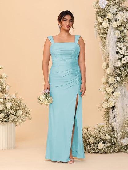 Robes de Demoiselle d'Honneur Grande Taille Col Carré sans Manches Longueur Sol Plissé avec Fente Latérale de Style Fourreau/Colonne