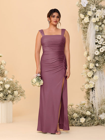 Robes de Demoiselle d'Honneur Grande Taille Col Carré sans Manches Longueur Sol Plissé avec Fente Latérale de Style Fourreau/Colonne