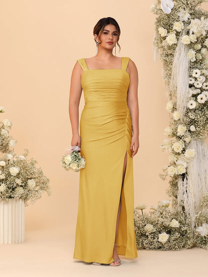 Robes de Demoiselle d'Honneur Grande Taille Col Carré sans Manches Longueur Sol Plissé avec Fente Latérale de Style Fourreau/Colonne