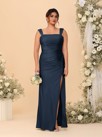 Robes de Demoiselle d'Honneur Grande Taille Col Carré sans Manches Longueur Sol Plissé avec Fente Latérale de Style Fourreau/Colonne