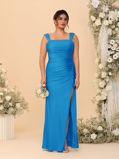 Robes de Demoiselle d'Honneur Grande Taille Col Carré sans Manches Longueur Sol Plissé avec Fente Latérale de Style Fourreau/Colonne