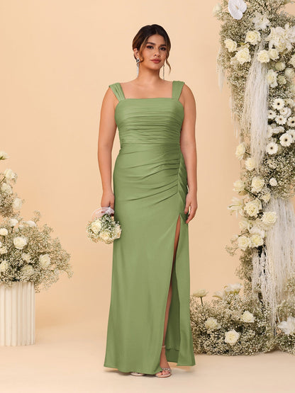 Robes de Demoiselle d'Honneur Grande Taille Col Carré sans Manches Longueur Sol Plissé avec Fente Latérale de Style Fourreau/Colonne