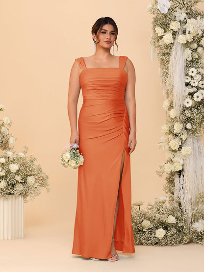 Robes de Demoiselle d'Honneur Grande Taille Col Carré sans Manches Longueur Sol Plissé avec Fente Latérale de Style Fourreau/Colonne