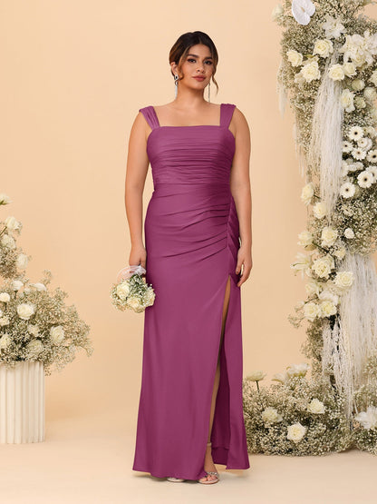 Robes de Demoiselle d'Honneur Grande Taille Col Carré sans Manches Longueur Sol Plissé avec Fente Latérale de Style Fourreau/Colonne