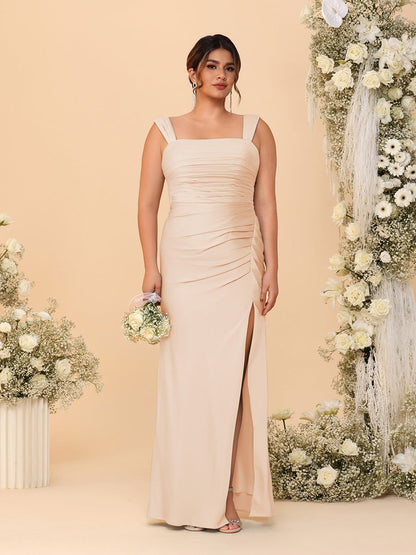 Robes de Demoiselle d'Honneur Grande Taille Col Carré sans Manches Longueur Sol Plissé avec Fente Latérale de Style Fourreau/Colonne