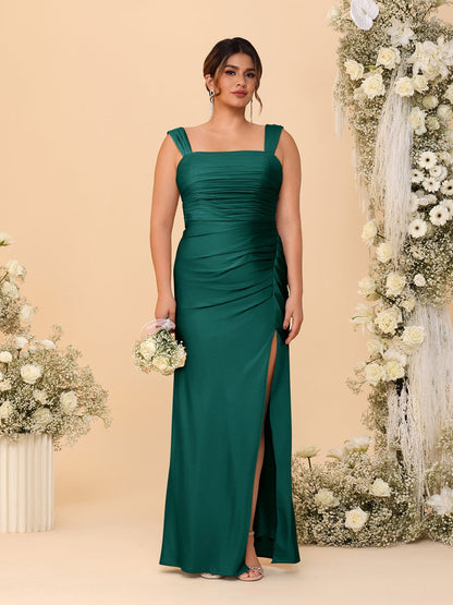 Robes de Demoiselle d'Honneur Grande Taille Col Carré sans Manches Longueur Sol Plissé avec Fente Latérale de Style Fourreau/Colonne