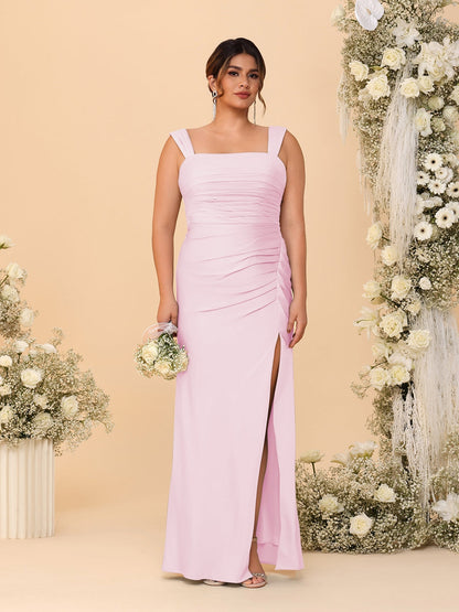 Robes de Demoiselle d'Honneur Grande Taille Col Carré sans Manches Longueur Sol Plissé avec Fente Latérale de Style Fourreau/Colonne