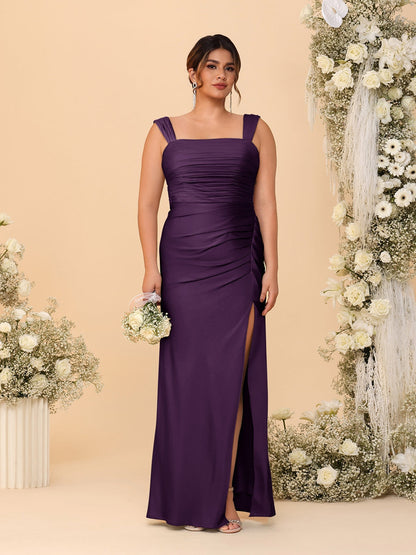Robes de Demoiselle d'Honneur Grande Taille Col Carré sans Manches Longueur Sol Plissé avec Fente Latérale de Style Fourreau/Colonne