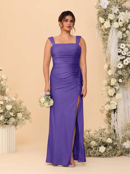 Robes de Demoiselle d'Honneur Grande Taille Col Carré sans Manches Longueur Sol Plissé avec Fente Latérale de Style Fourreau/Colonne