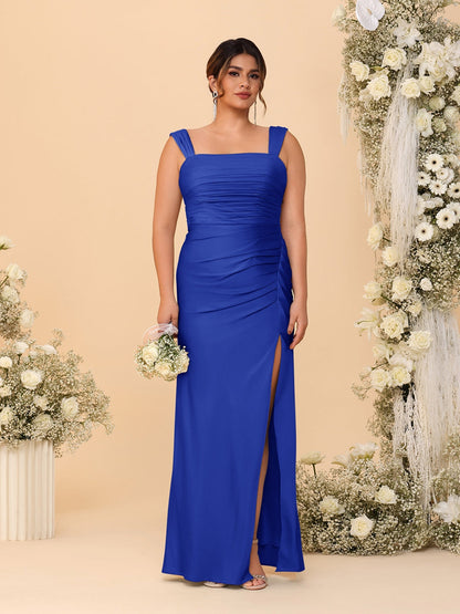 Robes de Demoiselle d'Honneur Grande Taille Col Carré sans Manches Longueur Sol Plissé avec Fente Latérale de Style Fourreau/Colonne